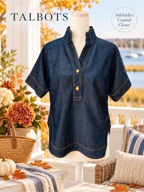 NWT Talbots Denim Split Neck Popover Tunic Top XS Lyocell